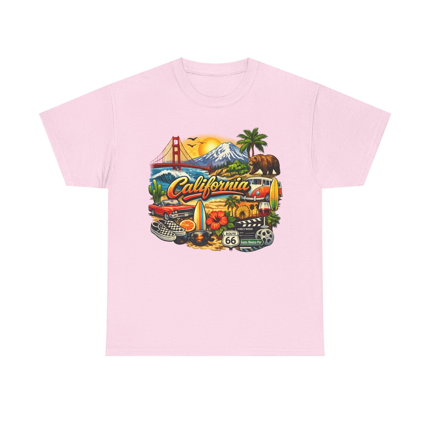 California Vintage Travel T-Shirt — Golden Gate, Palm Trees & Route 66 Tee