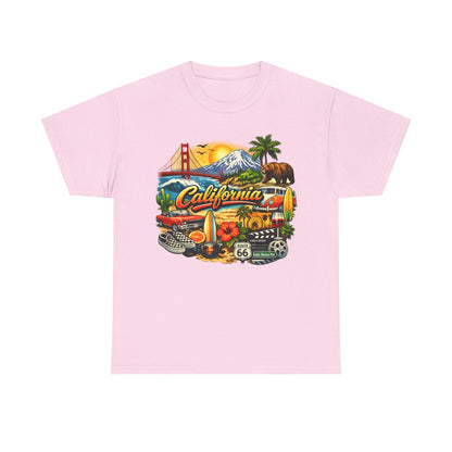 California Vintage Travel T-Shirt — Golden Gate, Palm Trees & Route 66 Tee