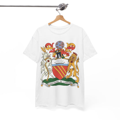 Manchester Coat of Arms Crest T‑Shirt — Heraldic Family Shield Tee with 'Concilio et Labore' Banner