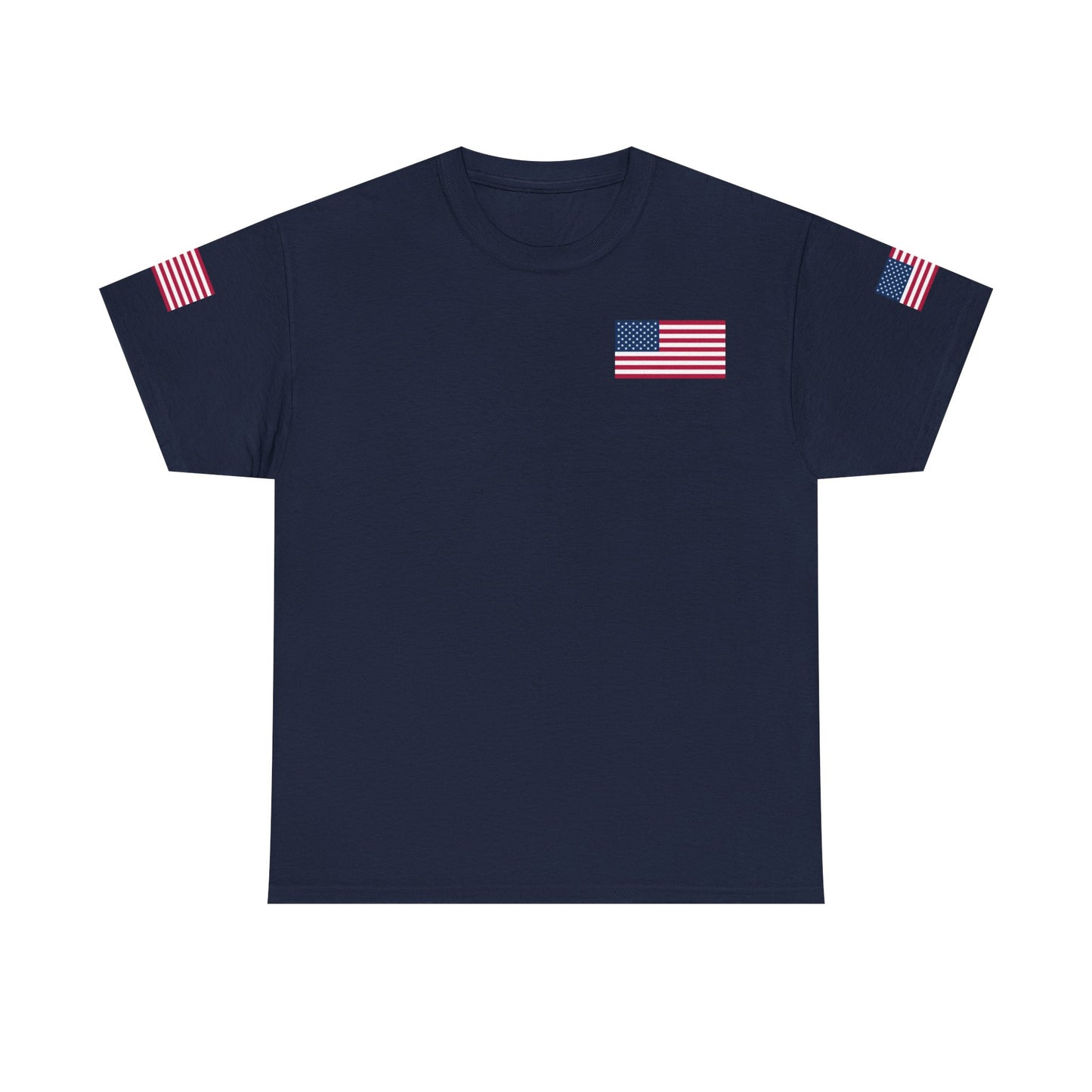 Team USA Flag T‑Shirt — Patriotic Navy Tee with Back Shield Logo