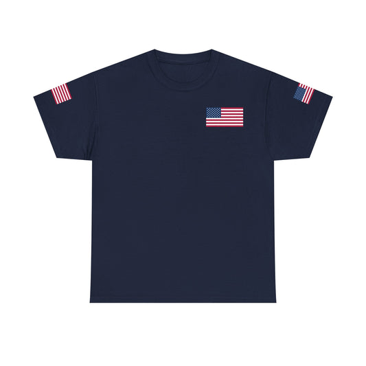 Team USA Flag T‑Shirt — Patriotic Navy Tee with Back Shield Logo