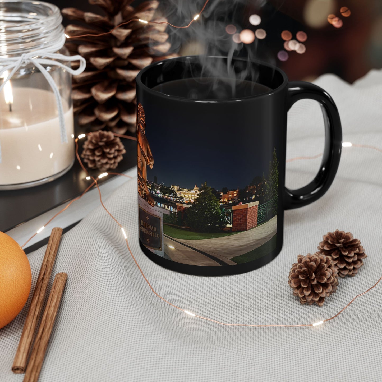 The Simpsons Photo Mug — University Statue & Campus Lights (Black 11oz/15oz)