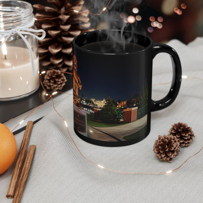 The Simpsons Photo Mug — University Statue & Campus Lights (Black 11oz/15oz)