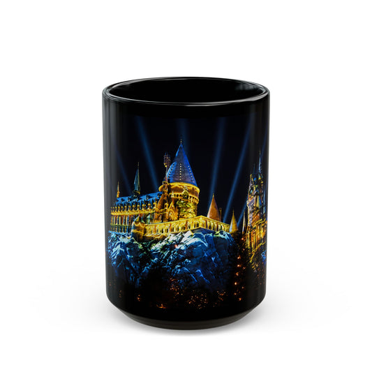Hogwarts Night Castle Black Coffee Mug – Festive Illuminated Castle Panorama (11oz & 15oz)