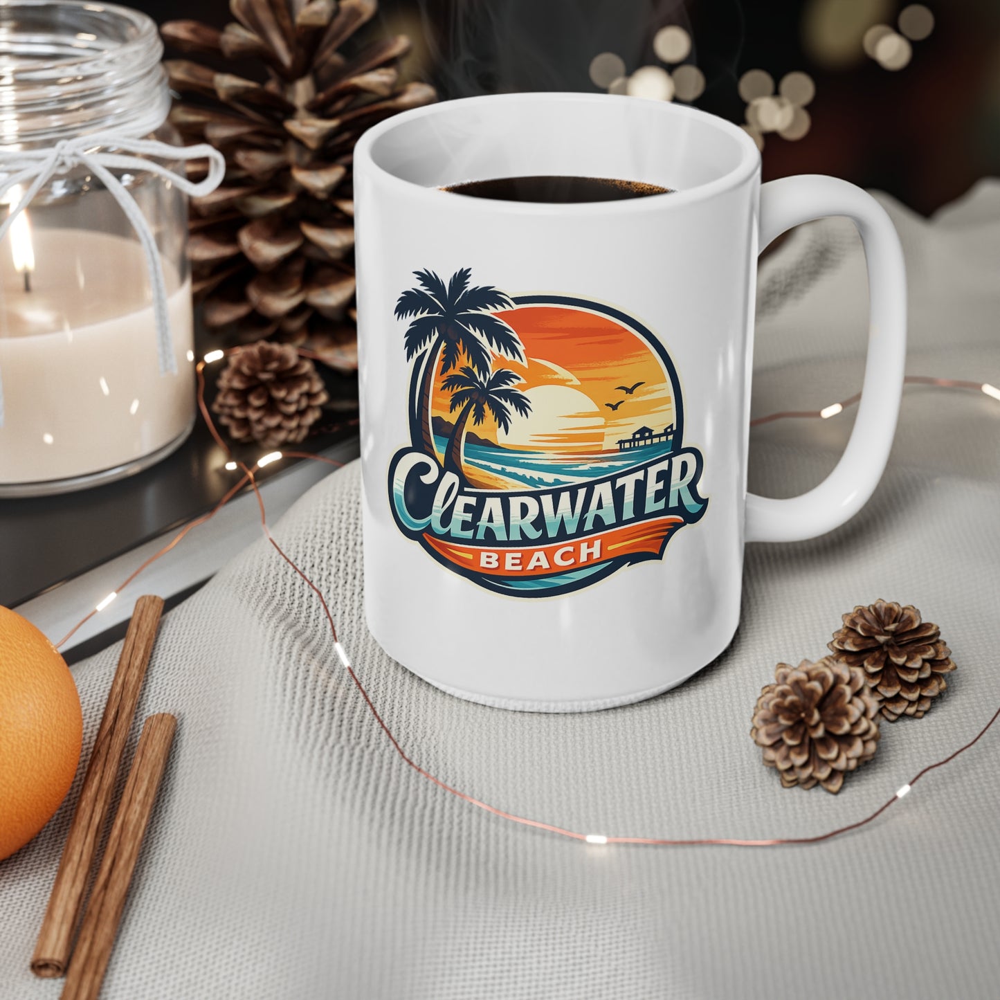 Clearwater Beach Sunset Ceramic Mug — Retro Palm Tree Coffee Cup (11oz & 15oz)