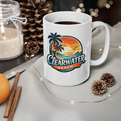 Clearwater Beach Sunset Ceramic Mug — Retro Palm Tree Coffee Cup (11oz & 15oz)