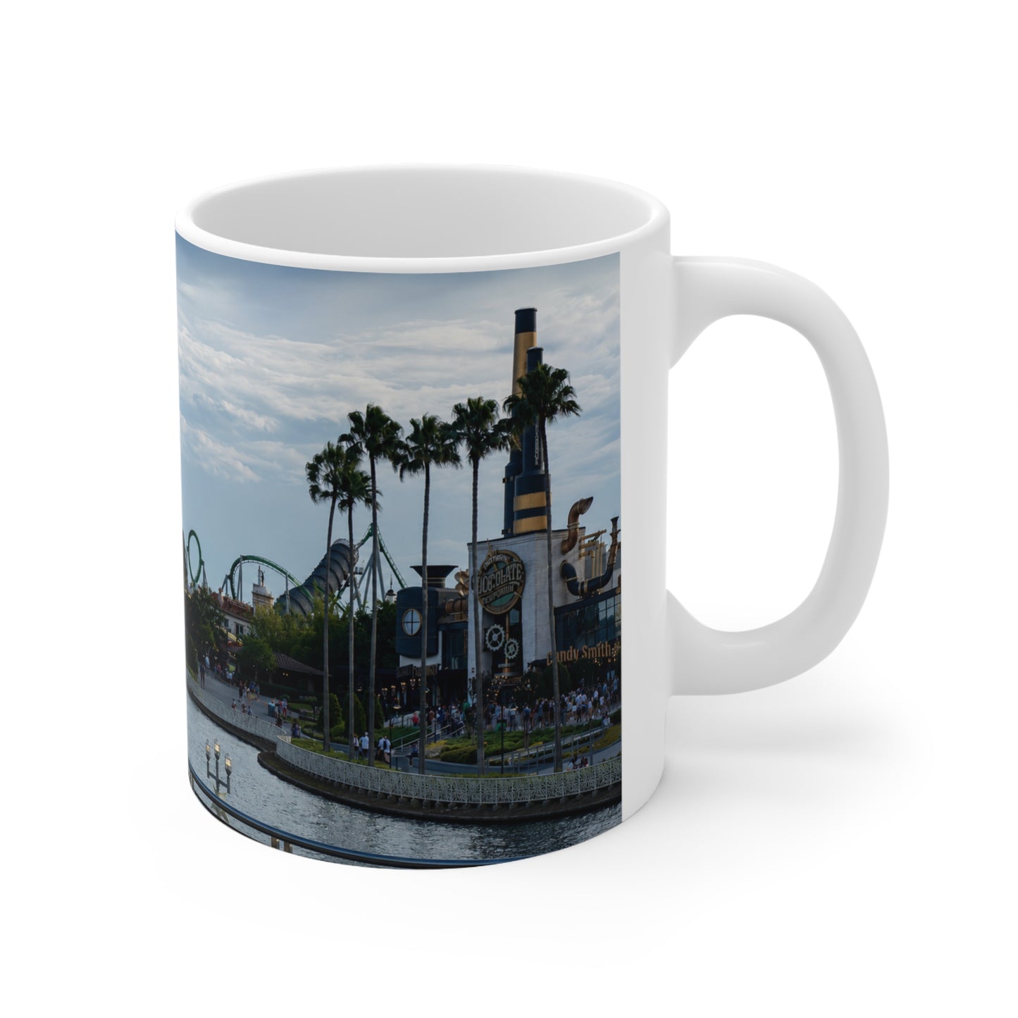 Universal IOA Theme Park Skyline Ceramic Mug — Roller Coaster Harbor Photo (11oz & 15oz)