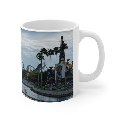 Universal IOA Theme Park Skyline Ceramic Mug — Roller Coaster Harbor Photo (11oz & 15oz)