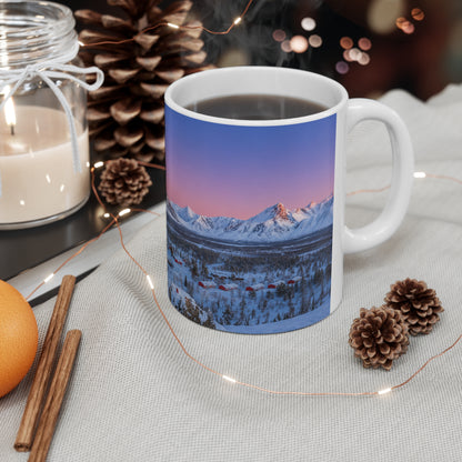 Scenic Winter Mountain Mug — Snowy Lodge Sunrise Ceramic Coffee Cup (11oz & 15oz)
