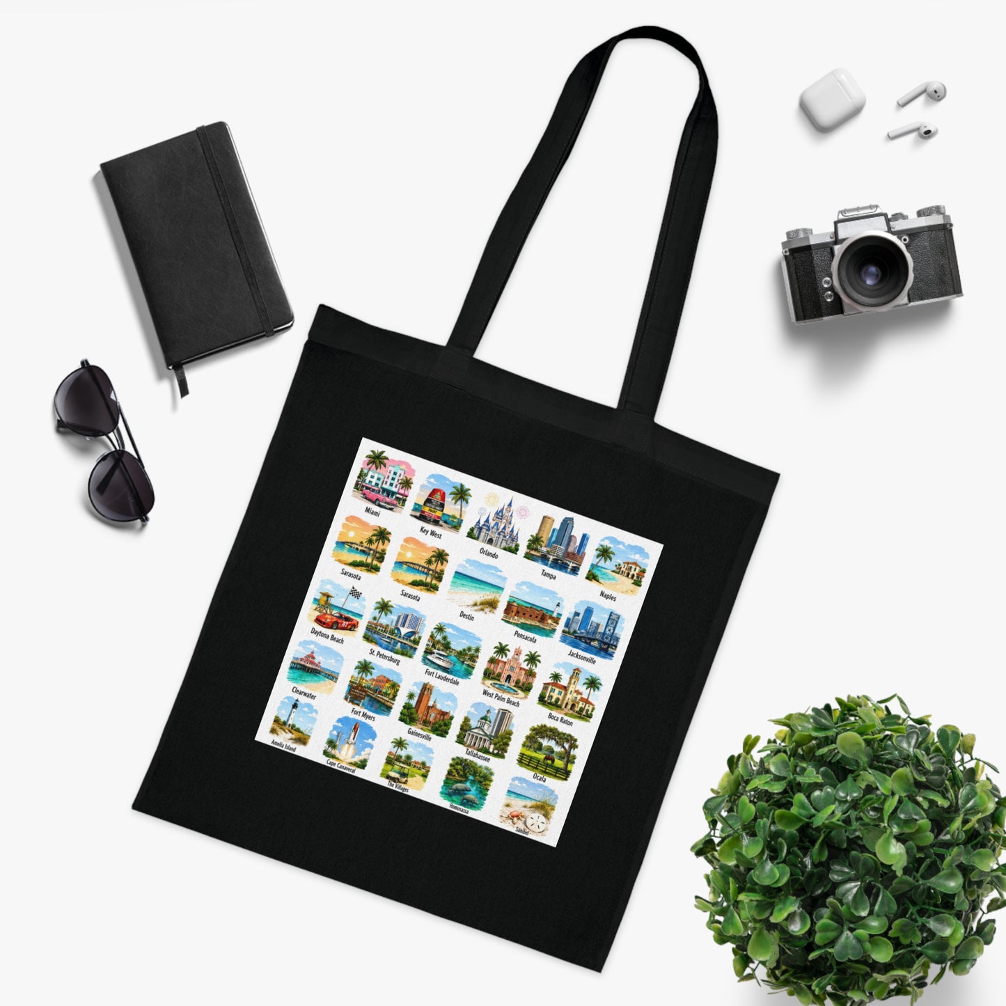 Florida City Landmarks Collage Cotton Tote – Vintage Travel Postcard Design
