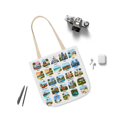 Florida City Landmark Collage Canvas Tote Bag — Vintage Travel Icons Print