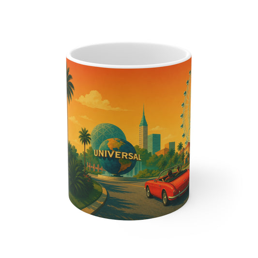 Universal Orlando Vintage AI Sunset Mug — Retro Palm Tree Travel Coffee Cup (11oz, 15oz)