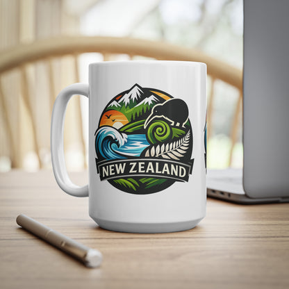 New Zealand Scenic Badge Ceramic Mug — Kiwi, Fern & Ocean Coffee Cup (11oz/15oz)