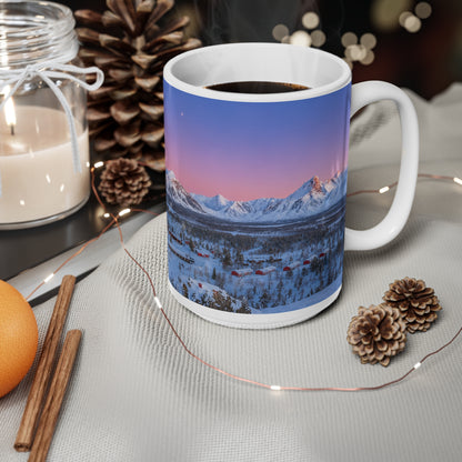 Scenic Winter Mountain Mug — Snowy Lodge Sunrise Ceramic Coffee Cup (11oz & 15oz)