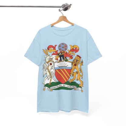 Manchester Coat of Arms Crest T‑Shirt — Heraldic Family Shield Tee with 'Concilio et Labore' Banner