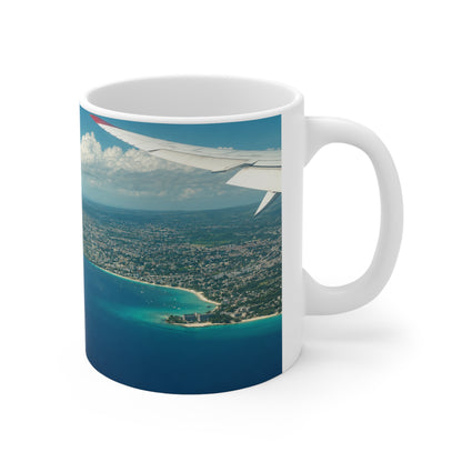 Aerial Barbados Island View Coffee Mug — Tropical Ocean Photography 11oz & 15oz