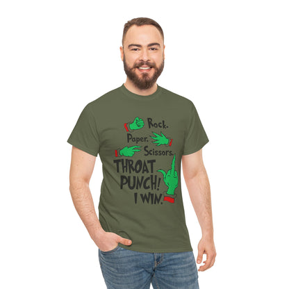 Funny Holiday Tee — "Rock. Paper. Scissors. Throat Punch! I Win" Graphic T-Shirt