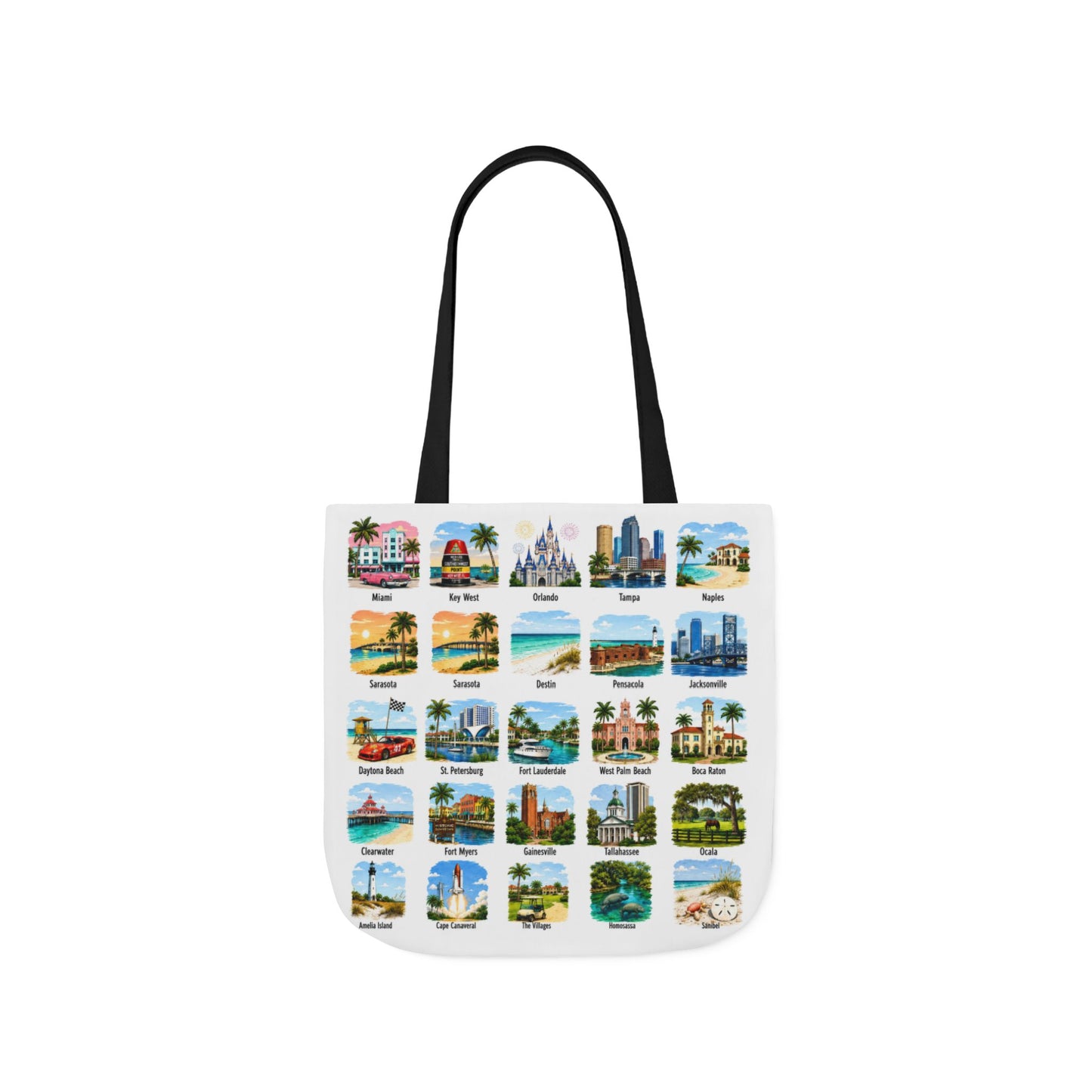 Florida City Landmark Collage Canvas Tote Bag — Vintage Travel Icons Print