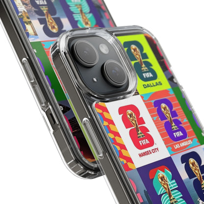 FIFA World Cup Pop Art Clear Phone Case — City Badge Collage (Dallas, LA, Monterrey, Toronto, Seattle)