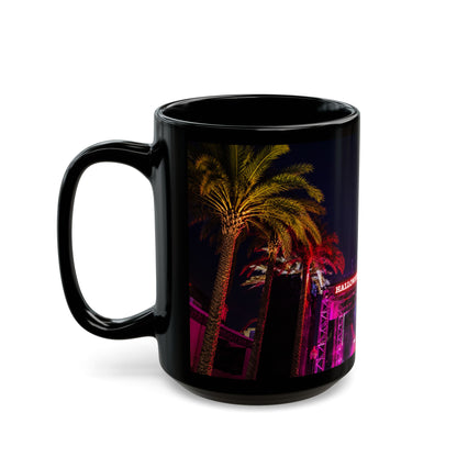 Halloween Horror Nights Black Mug — Neon Palm Nightscape (11oz/15oz)