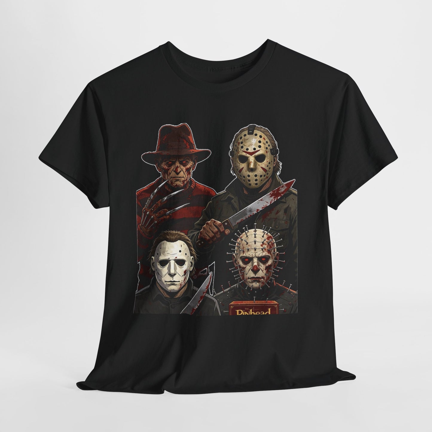 Horror Icons T-Shirt — Freddy, Jason, Michael & Pinhead Slasher Collage