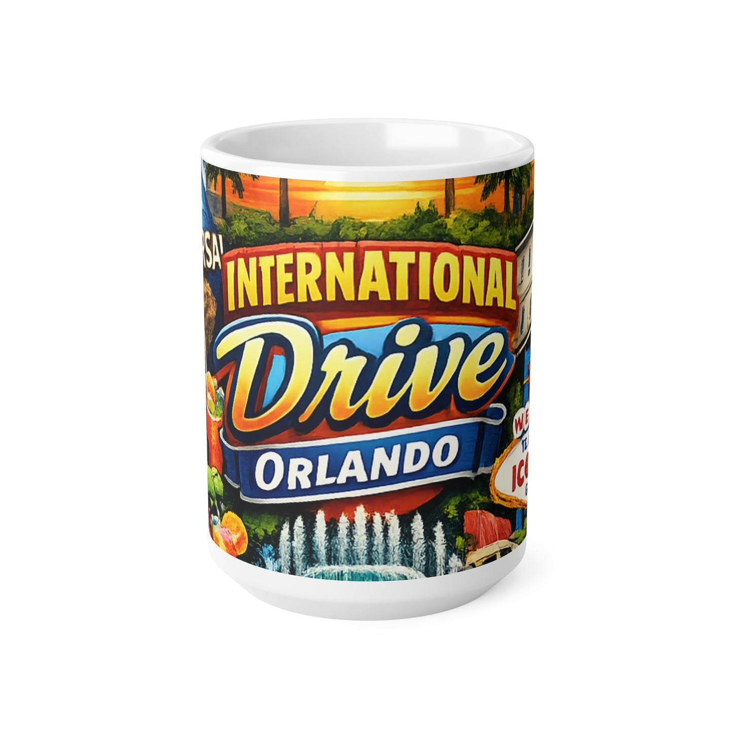 Orlando International Drive Souvenir Mug — Universal Globe & Theme Park Icons, 11oz/15oz