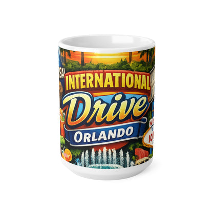Orlando International Drive Souvenir Mug — Universal Globe & Theme Park Icons, 11oz/15oz