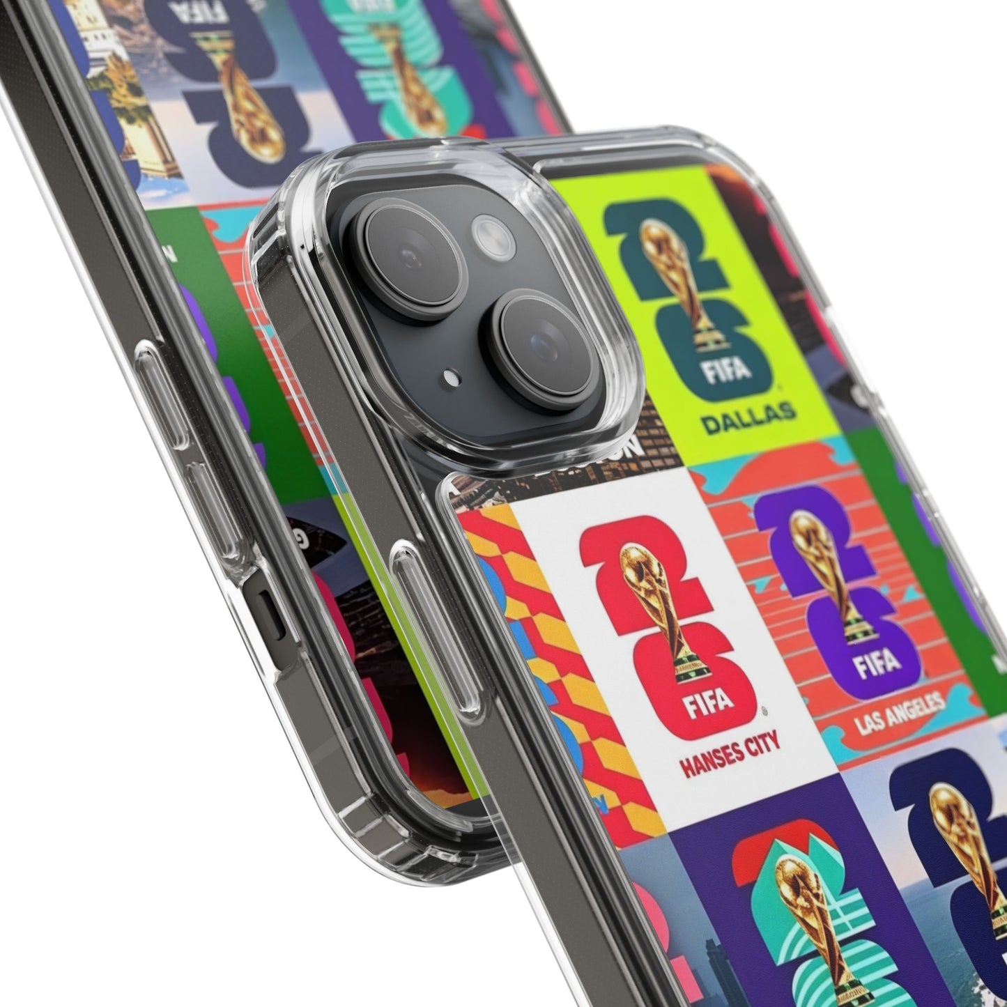 FIFA World Cup Pop Art Clear Phone Case — City Badge Collage (Dallas, LA, Monterrey, Toronto, Seattle)