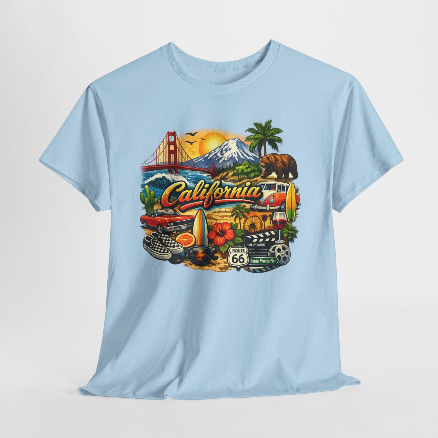 California Vintage Travel T-Shirt — Golden Gate, Palm Trees & Route 66 Tee