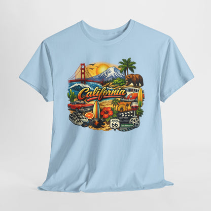 California Vintage Travel T-Shirt — Golden Gate, Palm Trees & Route 66 Tee