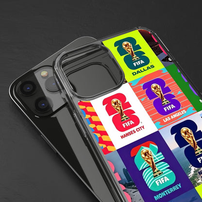 FIFA World Cup Pop Art Clear Phone Case — City Badge Collage (Dallas, LA, Monterrey, Toronto, Seattle)