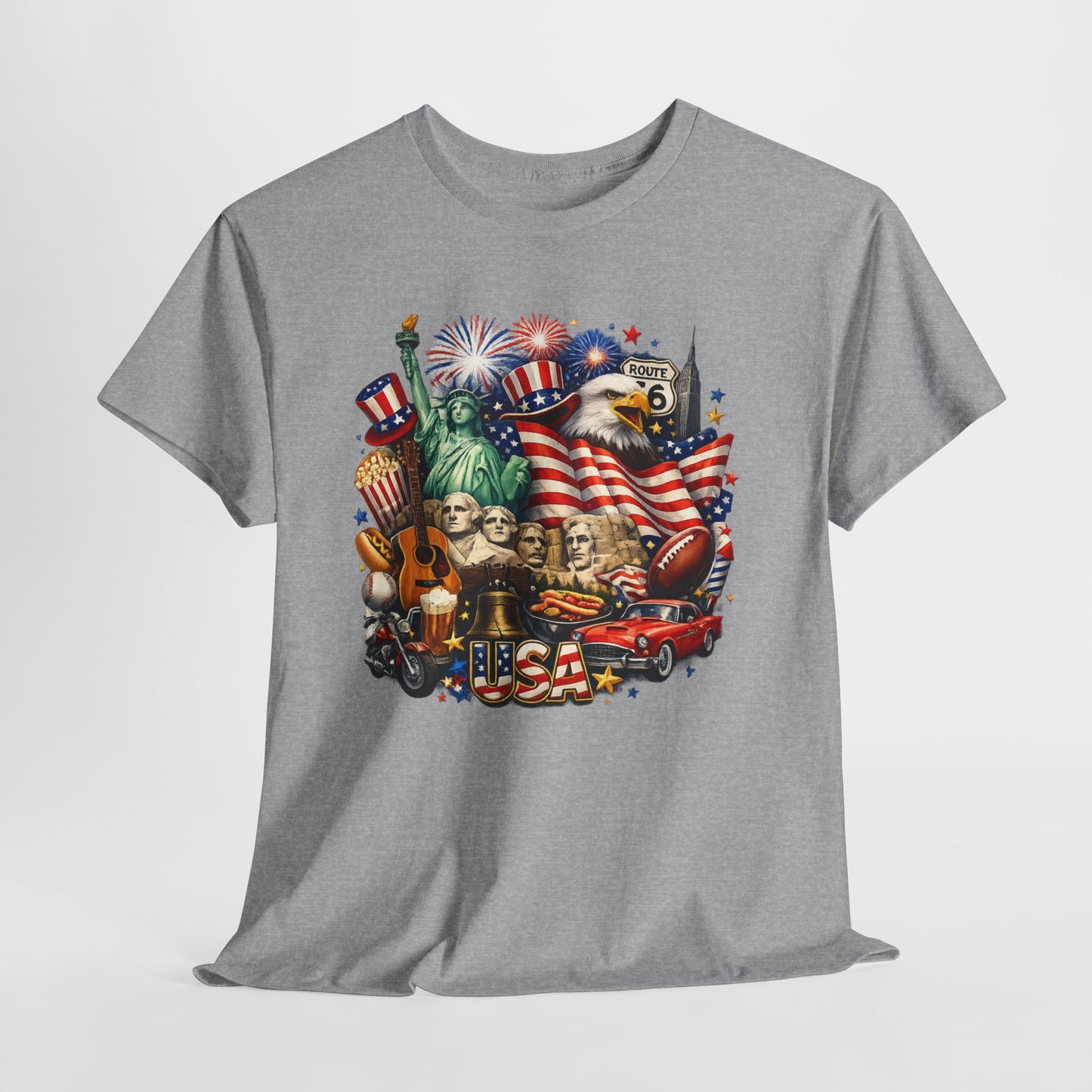 Patriotic USA Graphic Tee – American Flag, Statue of Liberty & Fireworks T-Shirt