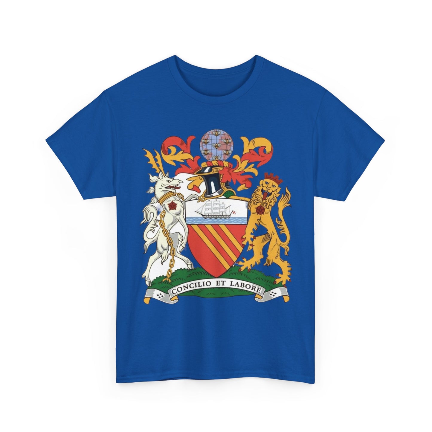 Manchester Coat of Arms Crest T‑Shirt — Heraldic Family Shield Tee with 'Concilio et Labore' Banner