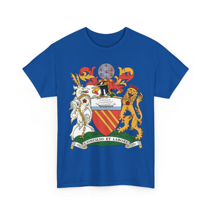 Manchester Coat of Arms Crest T‑Shirt — Heraldic Family Shield Tee with 'Concilio et Labore' Banner