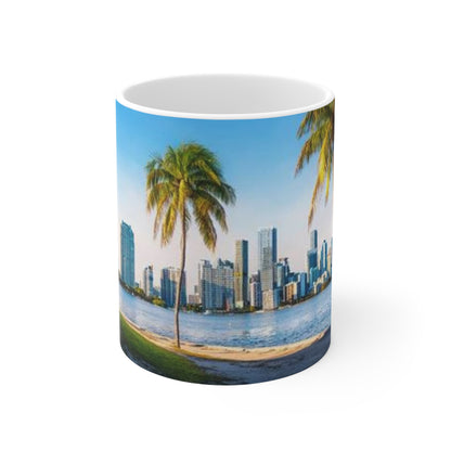 Miami Skyline Palm Tree Coffee Mug — City Waterfront Ceramic Mug (11oz & 15oz)