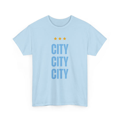 Manchester City City City Tee — Minimal Skyline Graphic T‑Shirt with Three Stars