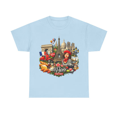 Paris Montage Tee — Eiffel Tower, Croissant & Metro Vintage Travel T‑Shirt