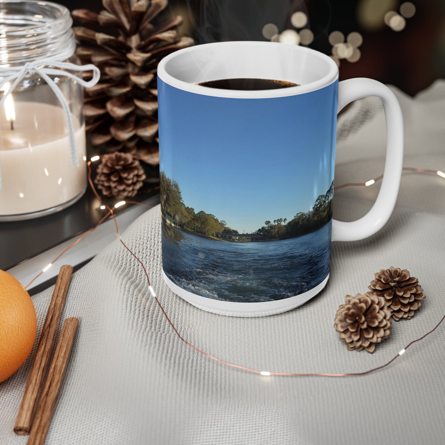 American Flag Waterfront Photo Ceramic Mug — Patriotic 11oz & 15oz Coffee Cup