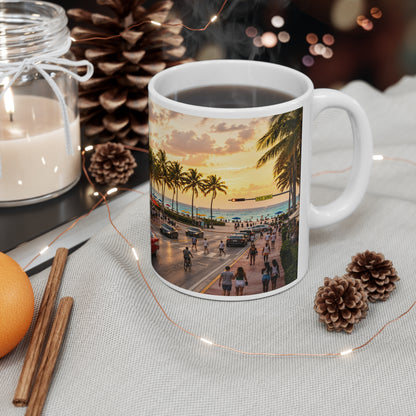 Miami Beach Sunset Coffee Mug — Ocean Drive Retro Car & Art Deco Hotel Design (11oz/15oz)