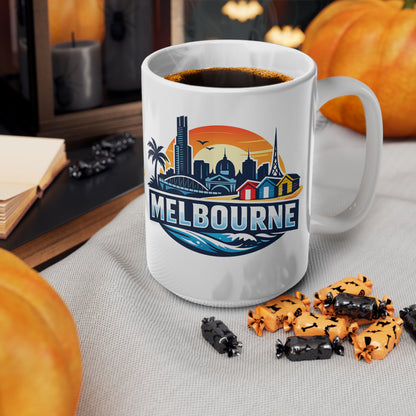 Melbourne Skyline Ceramic Coffee Mug — Retro Beach Cityscape 11oz/15oz