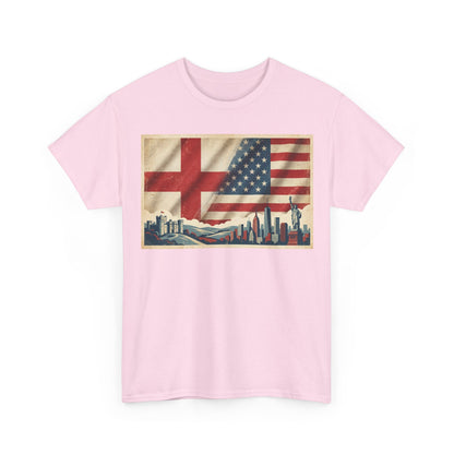 England + USA Flag Skyline T-Shirt — Vintage London & New York City Pride Tee