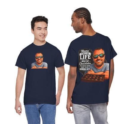 T-Shirt — "Mama Always Said Life Is Like A Box Of Chocolates" Graphic Tee (Funny Retro Portrait)