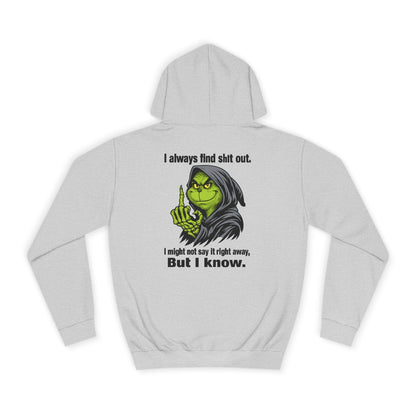 Funny Grinch Hoodie — "I always find s**t out. I might not say it right away, But I know." Christmas Humor