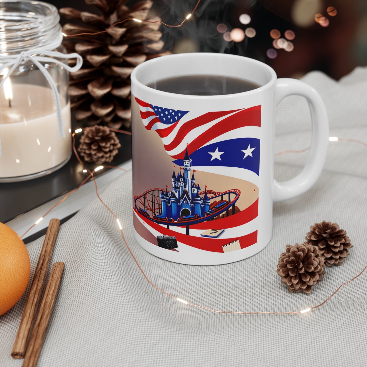 American Theme Park Coffee Mug — Patriotic Roller Coaster & Castle 11oz/15oz