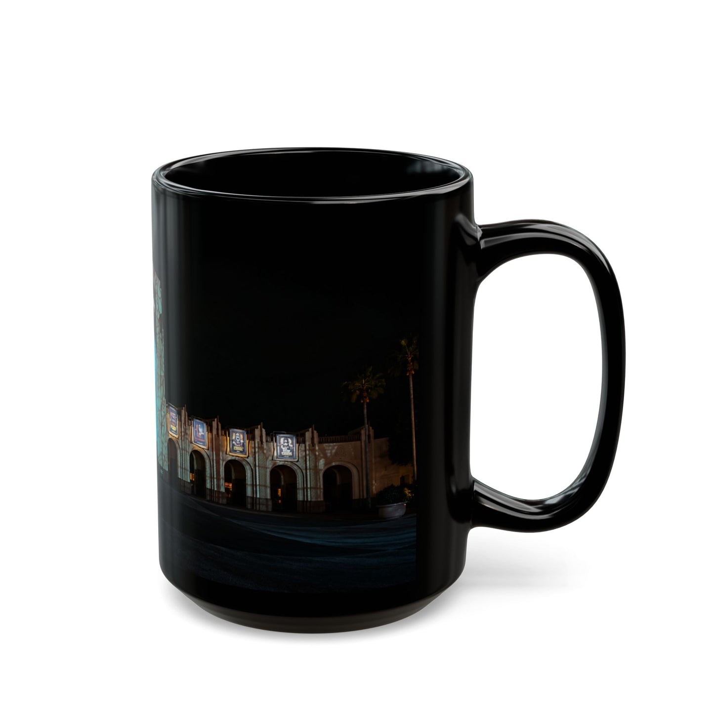 Universal HHN Black Ceramic Mug — Nighttime Theme Park Arch Photo (11oz & 15oz)