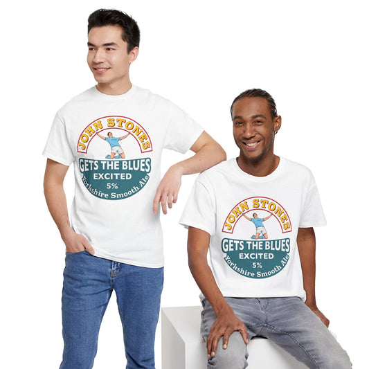 John Stones T-Shirt — "Gets The Blues Excited" Retro Ale Parody Tee