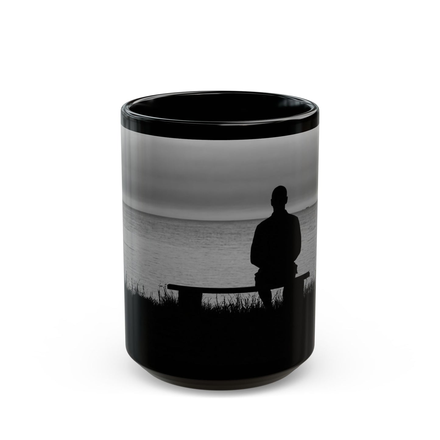 Silhouette by the Sea Black Coffee Mug — Reflective Ocean Sunset Gift (11oz, 15oz)