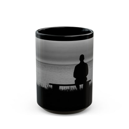 Silhouette by the Sea Black Coffee Mug — Reflective Ocean Sunset Gift (11oz, 15oz)