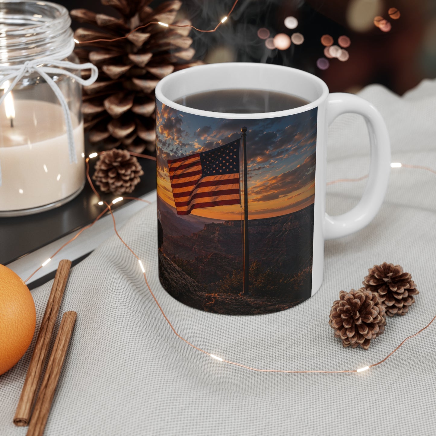 Patriotic Eagle Sunrise Coffee Mug — American Flag Scenic 11oz/15oz Ceramic