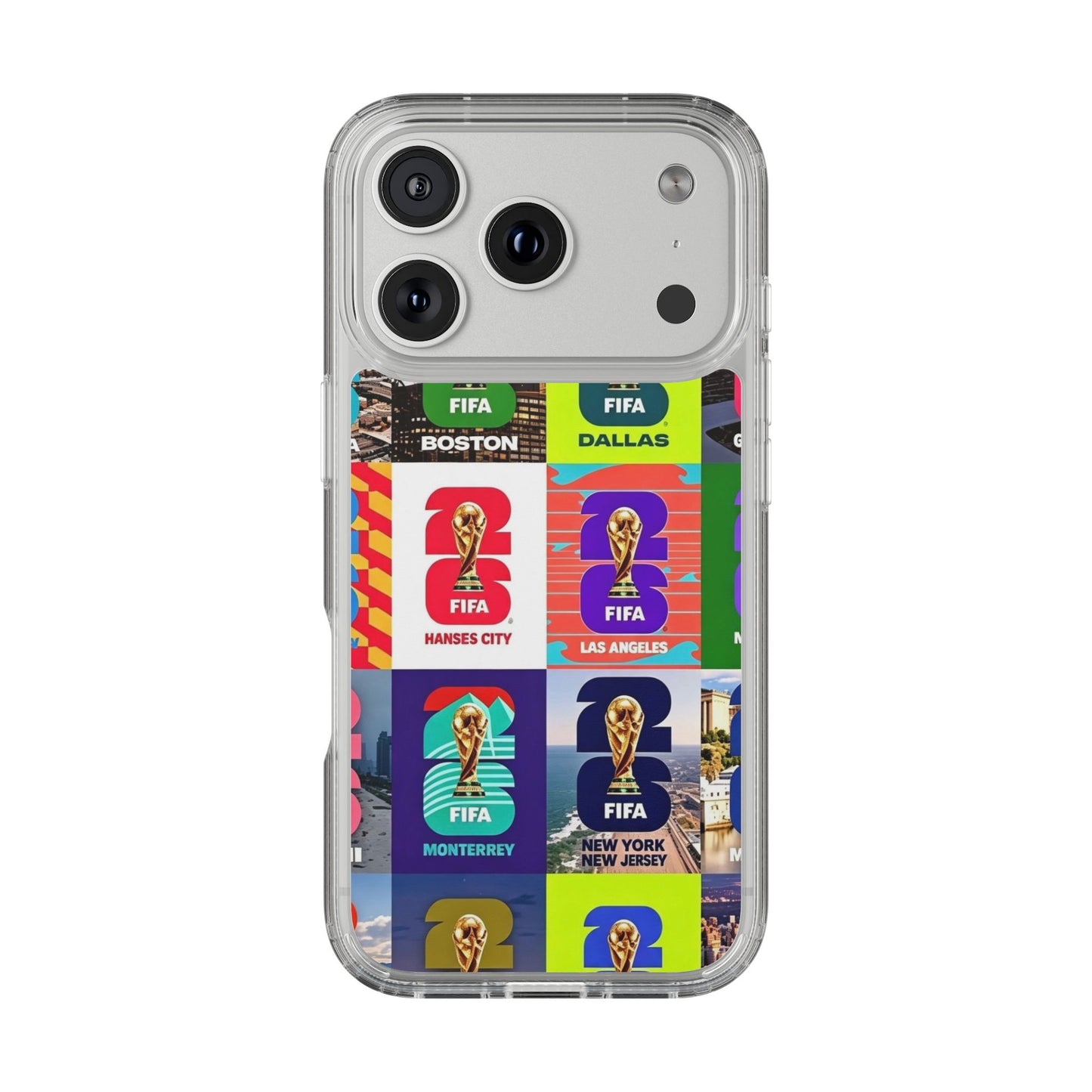 FIFA World Cup Pop Art Clear Phone Case — City Badge Collage (Dallas, LA, Monterrey, Toronto, Seattle)